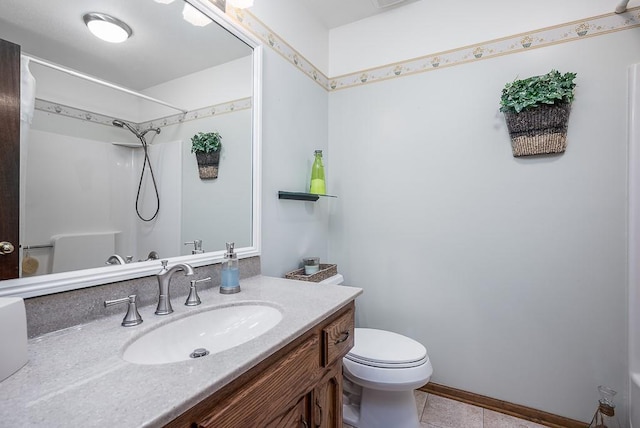 bathroom featuring toilet, vanity, tile patterned flooring, and walk in shower