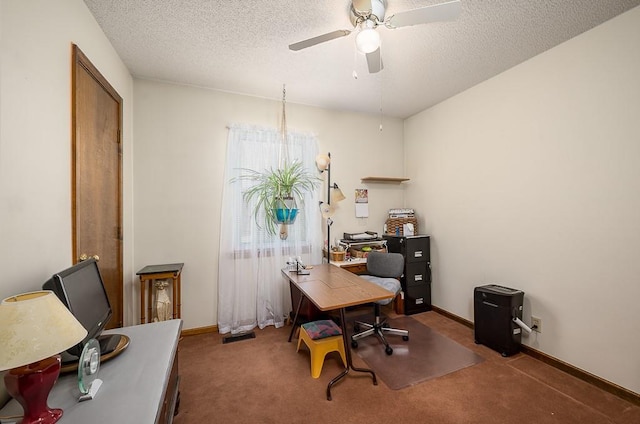 office with carpet flooring, baseboards, a textured ceiling, and ceiling fan