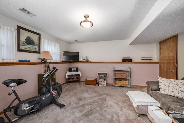 workout area with visible vents, baseboards, carpet flooring, and a textured ceiling