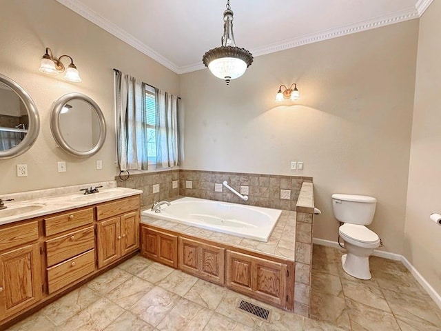 full bath featuring crown molding, a garden tub, visible vents, toilet, and double vanity