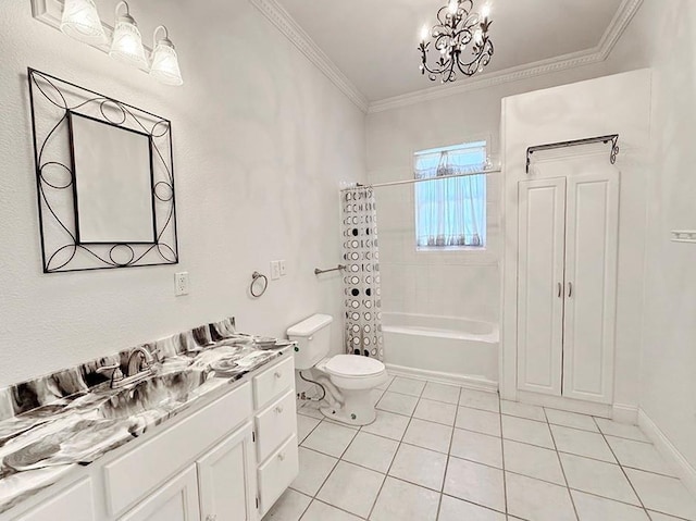 bathroom with an inviting chandelier, ornamental molding, toilet, vanity, and tile patterned floors
