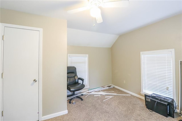 1404 S Market St, Holden, MO 64040 - carpeted office space with baseboards, lofted ceiling, and ceiling fan