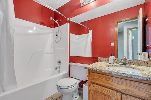 full bath featuring toilet, shower / bath combo with shower curtain, tile patterned flooring, and vanity