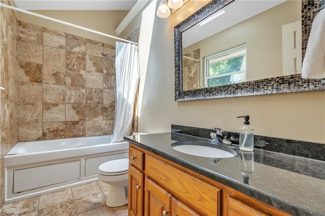 bathroom with shower / tub combo, toilet, and vanity