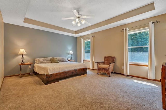 carpeted bedroom with a tray ceiling, multiple windows, and a textured ceiling