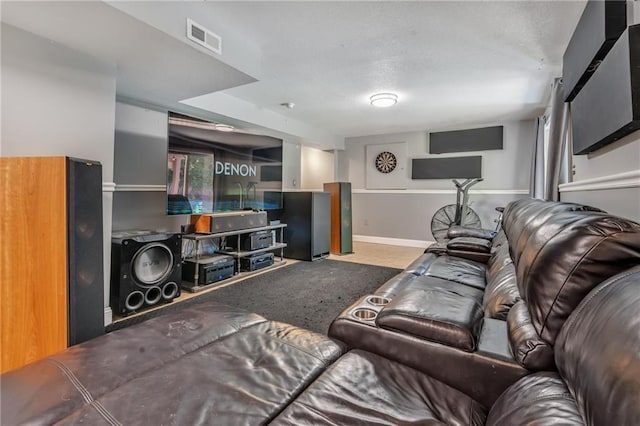 living area featuring carpet, baseboards, and visible vents