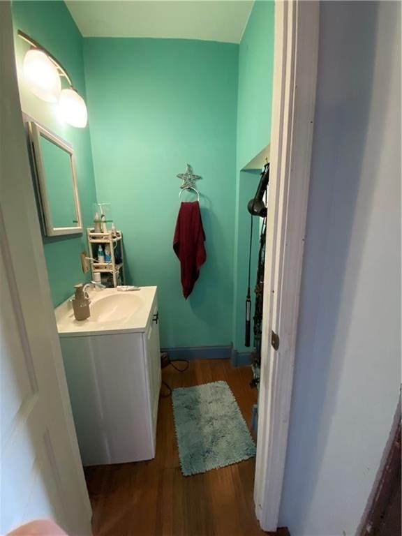 bathroom featuring wood finished floors and vanity