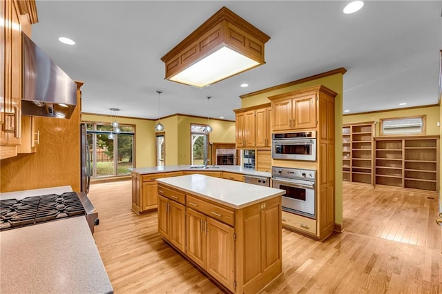 kitchen with crown molding, a peninsula, light countertops, light wood-style flooring, and stainless steel appliances
