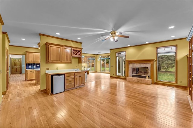 kitchen with ornamental molding, a sink, a ceiling fan, and light countertops