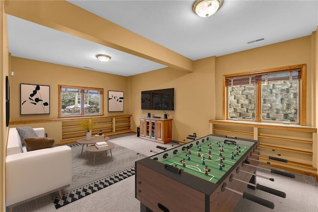 recreation room featuring visible vents and carpet
