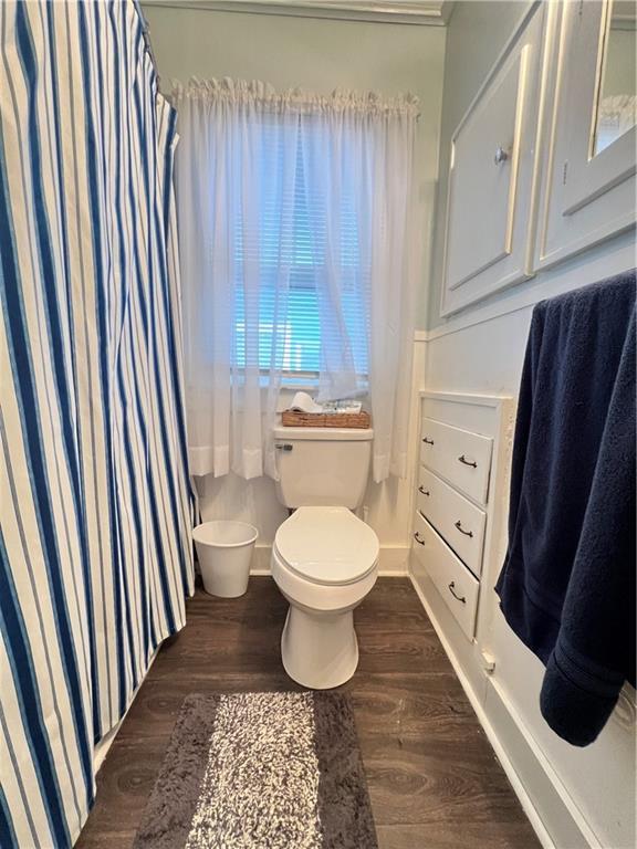 full bath featuring baseboards, wood finished floors, and toilet