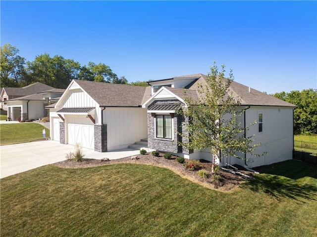 3208 SW Saddlebred Ter, Lees Summit, MO 64082 - view of front facade featuring roof with shingles, concrete driveway, board and batten siding, a front yard, and an attached garage