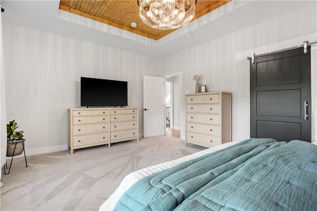 3208 SW Saddlebred Ter, Lees Summit, MO 64082 - bedroom featuring a raised ceiling, baseboards, carpet flooring, a chandelier, and wooden ceiling