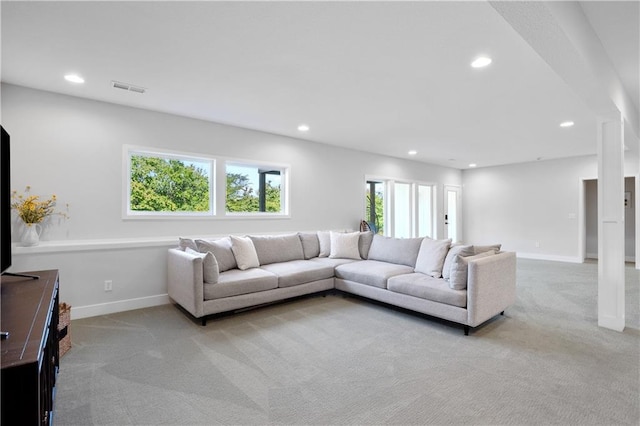 3208 SW Saddlebred Ter, Lees Summit, MO 64082 - living room featuring light carpet, recessed lighting, and baseboards