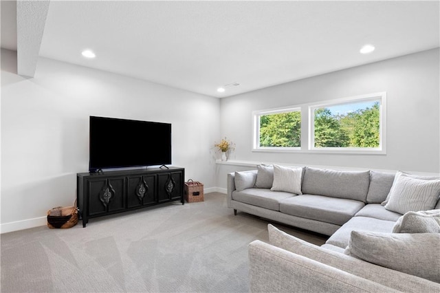 3208 SW Saddlebred Ter, Lees Summit, MO 64082 - living room featuring light colored carpet, recessed lighting, and baseboards