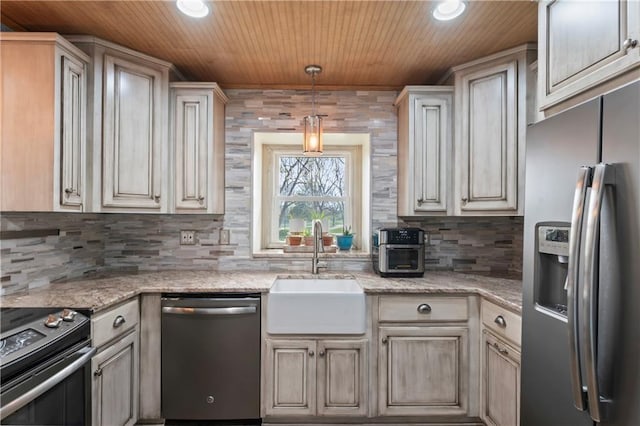 kitchen with decorative backsplash, recessed lighting, wooden ceiling, a sink, and appliances with stainless steel finishes