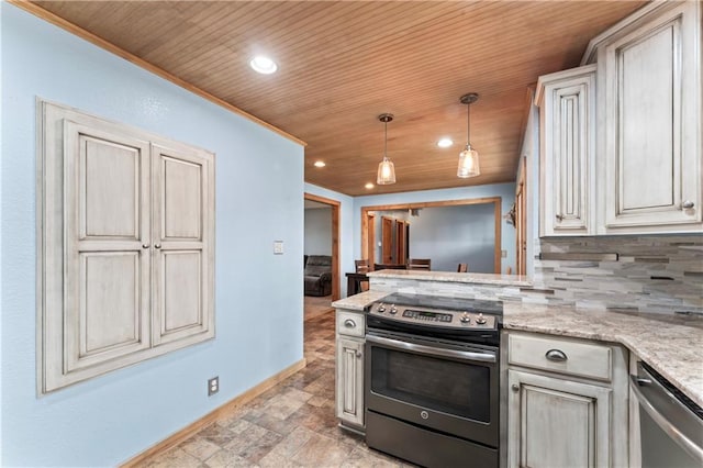 kitchen with backsplash, wooden ceiling, baseboards, stainless steel appliances, and recessed lighting