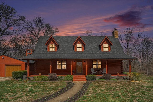 log cabin with an outdoor structure, a porch, roof with shingles, and a front lawn