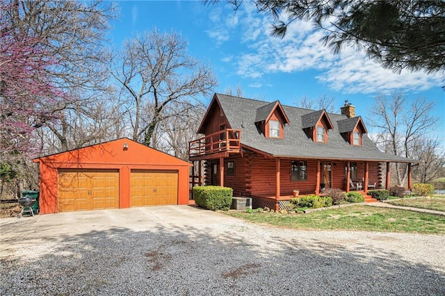 view of front of property with a front yard, a chimney, an outbuilding, a detached garage, and a porch