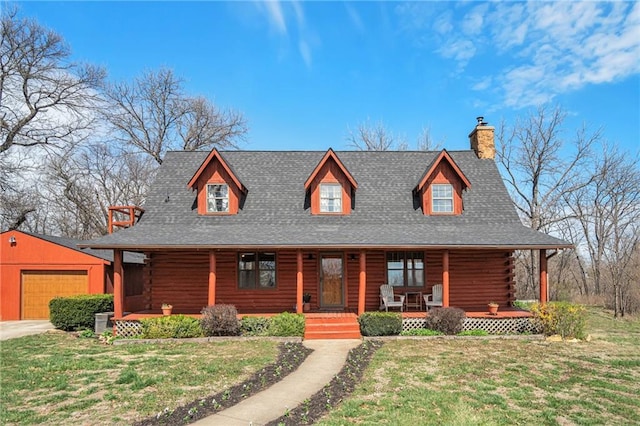 cabin with a front yard, log siding, roof with shingles, an outdoor structure, and a porch