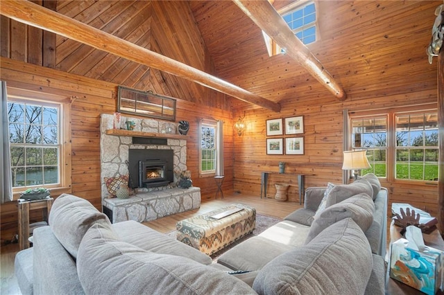 living room featuring wood finished floors, plenty of natural light, and wood walls