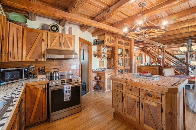 kitchen featuring light countertops, wooden ceiling, light wood finished floors, appliances with stainless steel finishes, and under cabinet range hood