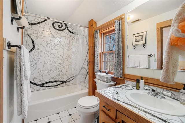 full bath featuring visible vents, toilet, shower / bath combo with shower curtain, and vanity
