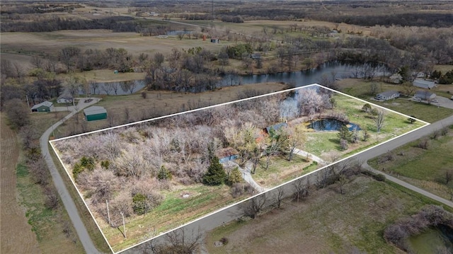 bird's eye view featuring a water view and a rural view