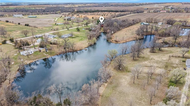 aerial view featuring a water view and a rural view