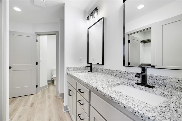 815 W Solomon Dr, Lone Jack, MO 64086 - bathroom with double vanity, toilet, wood finished floors, and recessed lighting