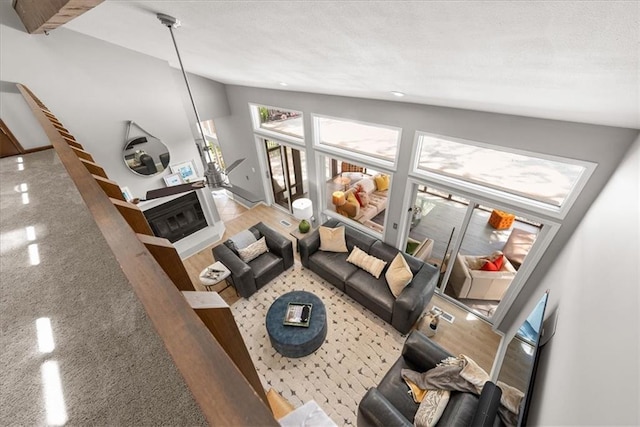 living area featuring lofted ceiling