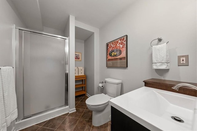 full bath with a shower stall, tile patterned floors, vanity, and toilet