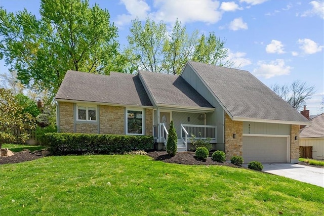 view of front facade featuring an attached garage, a porch, stone siding, and a front yard