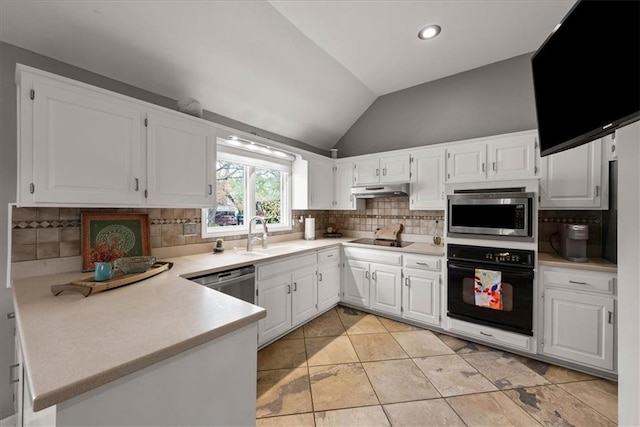 kitchen featuring a sink, lofted ceiling, light countertops, under cabinet range hood, and black appliances