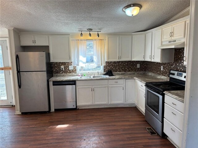 kitchen with dark wood finished floors, under cabinet range hood, appliances with stainless steel finishes, and a healthy amount of sunlight