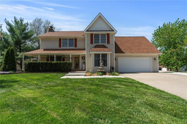 view of front of home featuring roof with shingles, a front lawn, a chimney, concrete driveway, and a garage