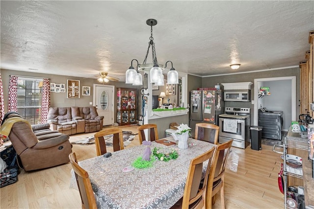 dining space featuring light wood-type flooring and a textured ceiling