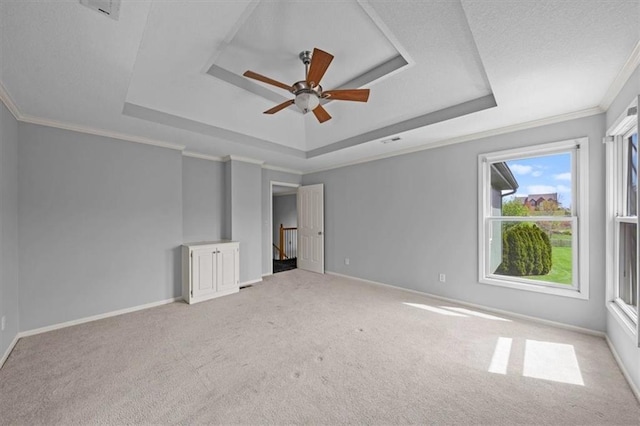 unfurnished bedroom featuring light colored carpet, baseboards, and a tray ceiling