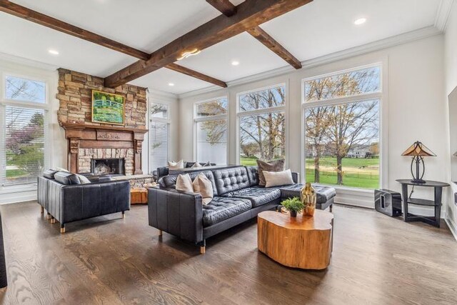living area featuring plenty of natural light, wood finished floors, and beamed ceiling