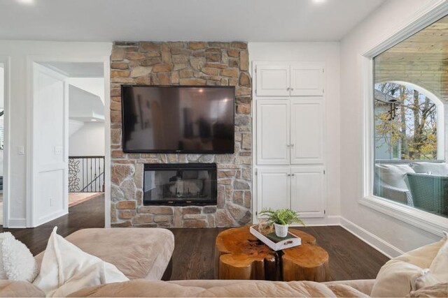 living room featuring baseboards, a stone fireplace, and wood finished floors