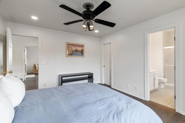 bedroom with connected bathroom, recessed lighting, ceiling fan, and wood finished floors