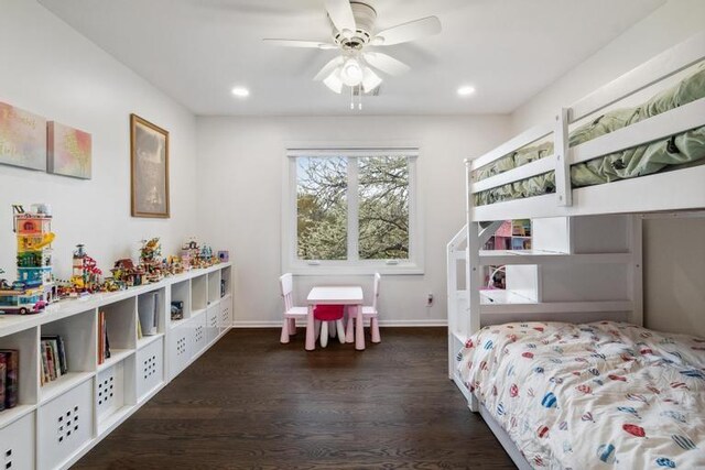 bedroom featuring recessed lighting, baseboards, dark wood finished floors, and a ceiling fan