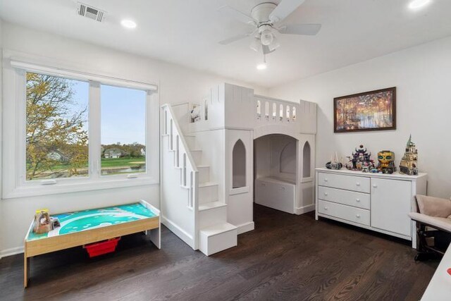 bedroom with recessed lighting, a ceiling fan, dark wood finished floors, and visible vents
