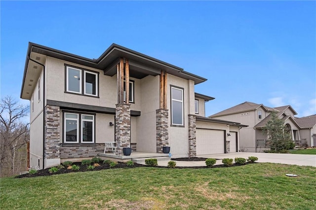 7295 NW Forest Lakes Dr, Parkville, MO 64152 - prairie-style home with stone siding, stucco siding, driveway, and a front yard