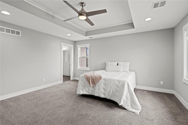 7295 NW Forest Lakes Dr, Parkville, MO 64152 - bedroom featuring a raised ceiling, recessed lighting, crown molding, carpet, and a ceiling fan