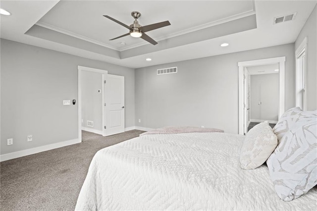 7295 NW Forest Lakes Dr, Parkville, MO 64152 - bedroom featuring a raised ceiling, ornamental molding, recessed lighting, carpet, and a ceiling fan