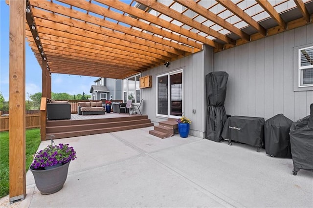 view of patio featuring fence, a pergola, a wooden deck, an outdoor living space, and entry steps
