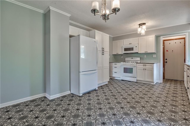 10408 E 28th Ter S, Independence, MO 64052 - kitchen featuring white appliances, a chandelier, white cabinetry, a textured ceiling, and ornamental molding