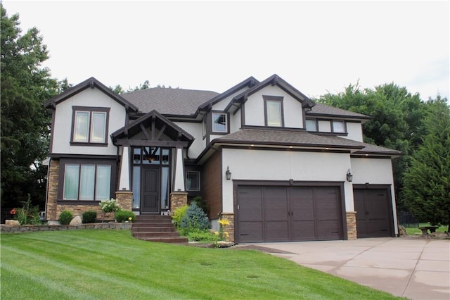 6822 Woodstock Ct, Shawnee, KS 66218 - view of front facade featuring stucco siding, a front yard, driveway, and stone siding