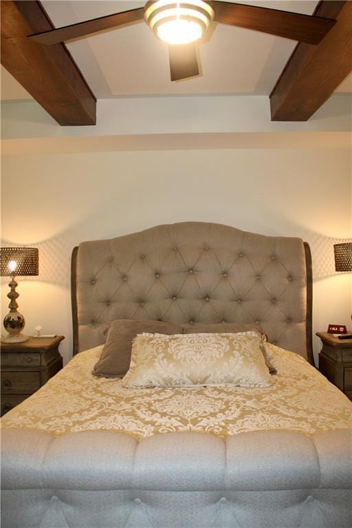 6822 Woodstock Ct, Shawnee, KS 66218 - bedroom featuring a ceiling fan and beam ceiling